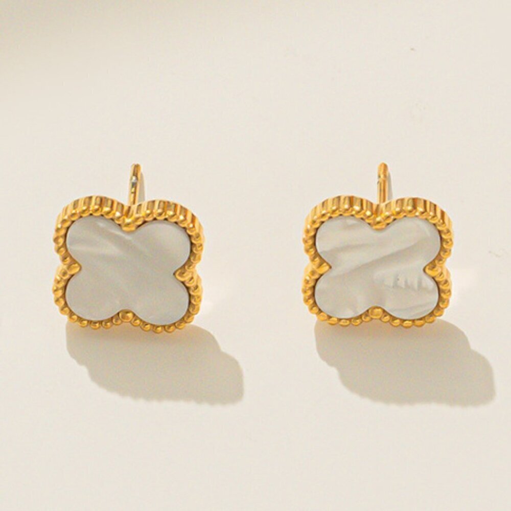 18K Gold Plated Stainless Steel Earrings, White Clover Quatrefoil Design